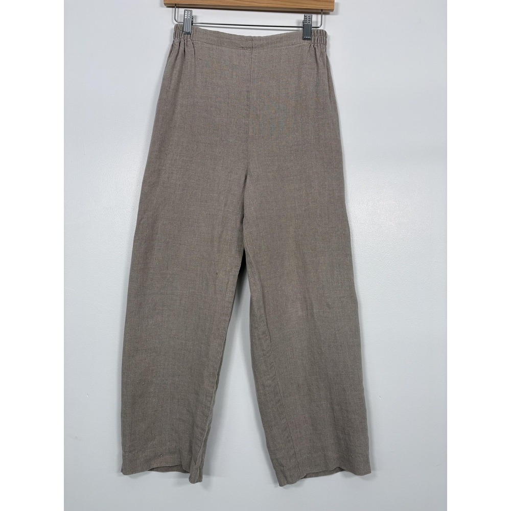 Earth Song Pants Womens 8 Beige Linen Wide Leg Cropped Elastic Waist Pull On